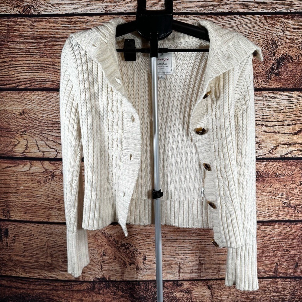 Energie Authentic Women's Large Ivory Cable Knit Shawl Collar Cardigan Y2K - Picture 7 of 15